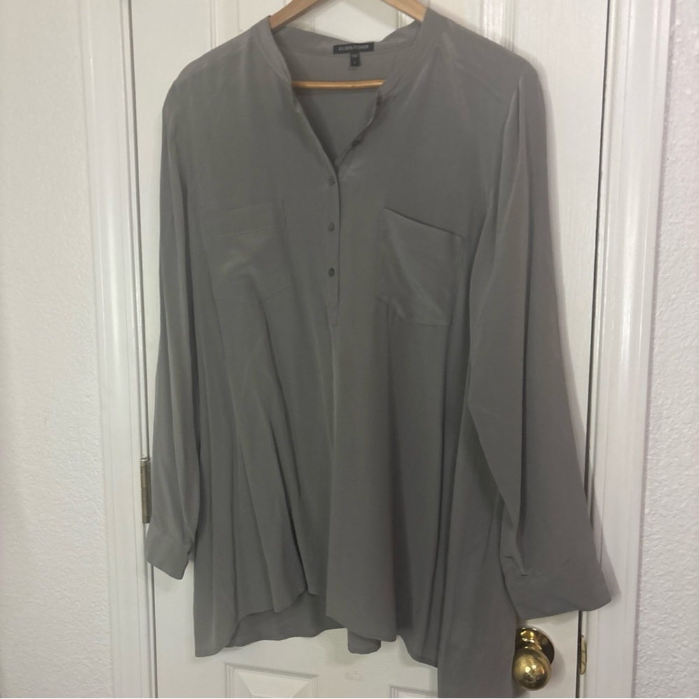 Eileen Fisher 100% Silk Georgette Crepe Mandarin Collar Shirt Gray Sz L